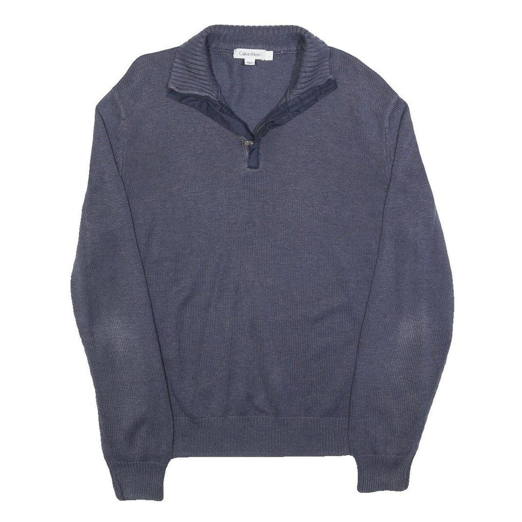 CALVIN KLEIN Mens Blue Plain Pullover Round Neck Basic Knit L Jumper Cotton