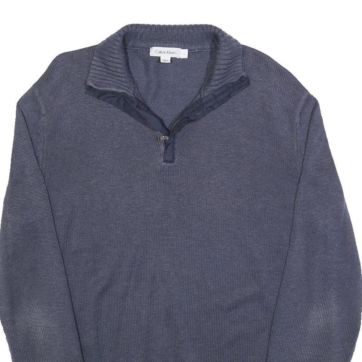 CALVIN KLEIN Mens Blue Plain Pullover Round Neck Basic Knit L Jumper Cotton