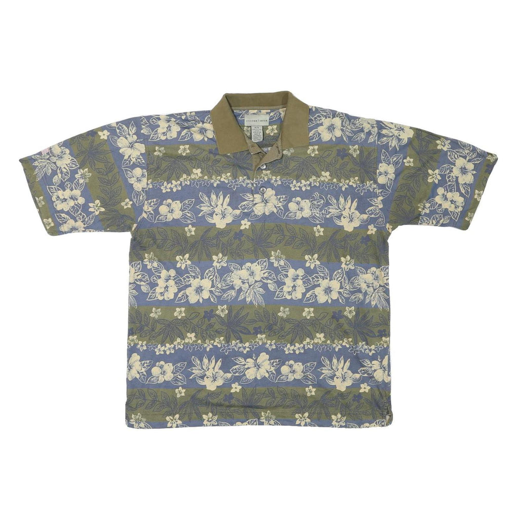 CUTTER & BUCK Mens Blue & Green Floral Short Sleeve Polo Shirt M Cotton Blend