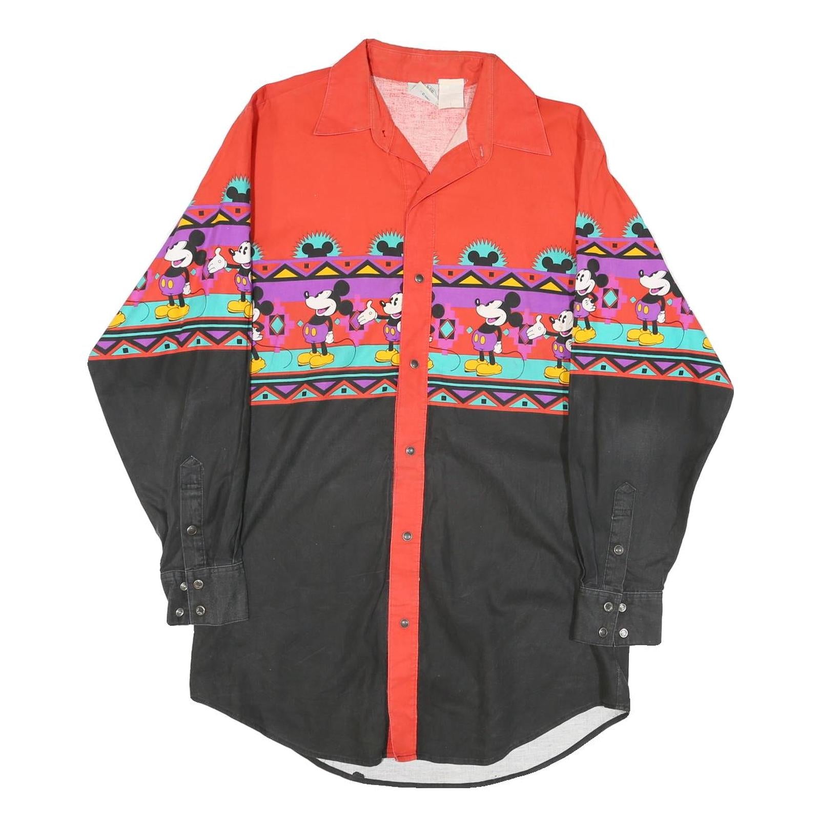 MICKEY & CO Mens Red & Black Cotton Blend Shirt M Vintage Cartoon Long Sleeve