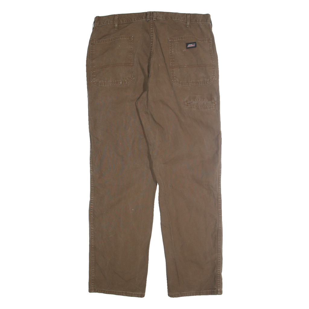 DICKIES Mens Cotton Blend Brown Regular Straight Trousers W38 L32 Workwear Zip