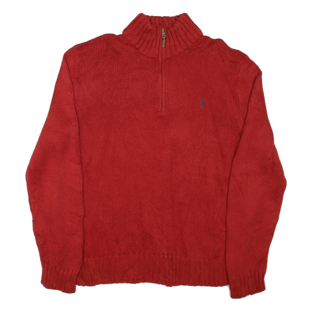 POLO RALPH LAUREN Mens Red Jumper Pullover Plain Half Zip Basic Knit XL Cotton
