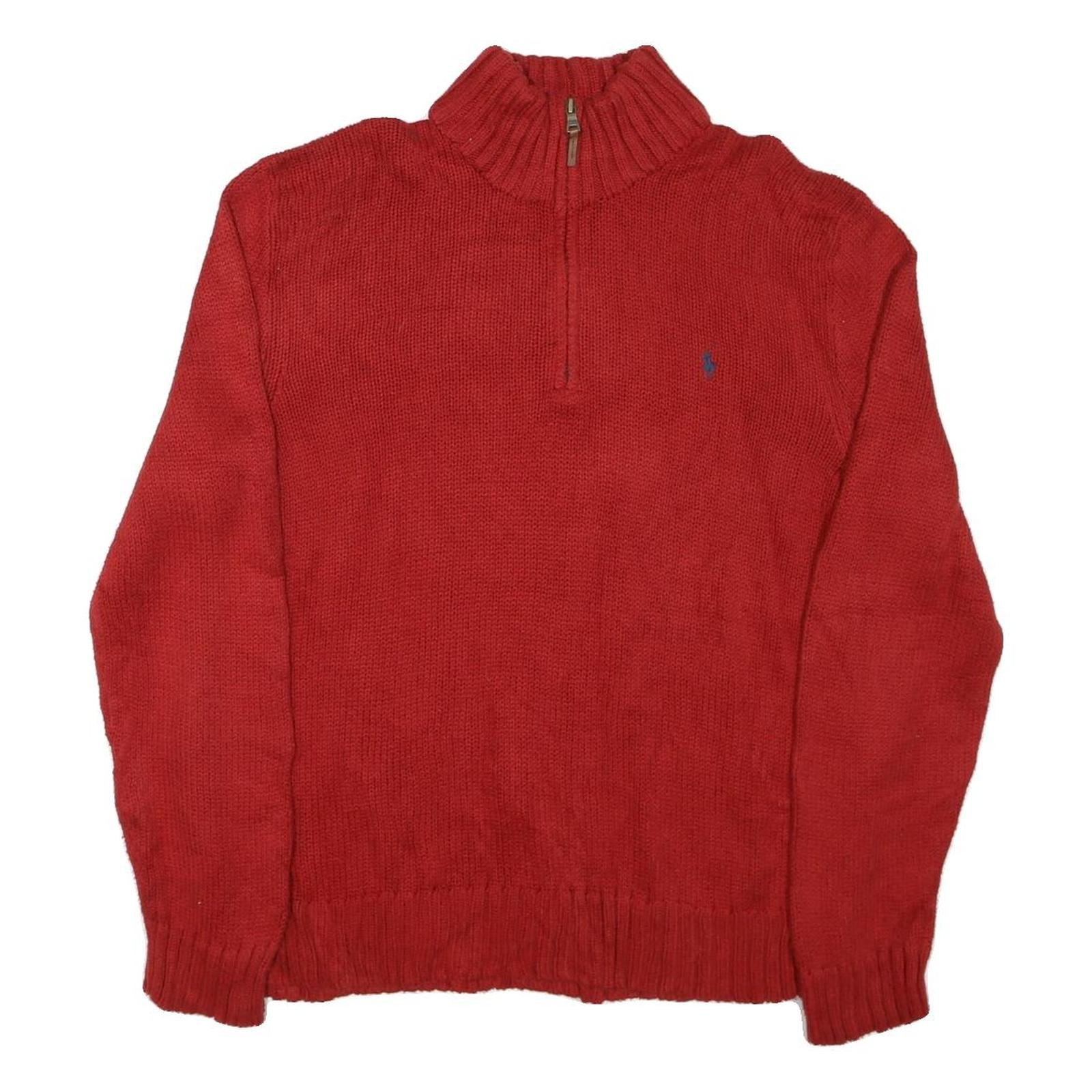 POLO RALPH LAUREN Mens Red Jumper Pullover Plain Half Zip Basic Knit XL Cotton
