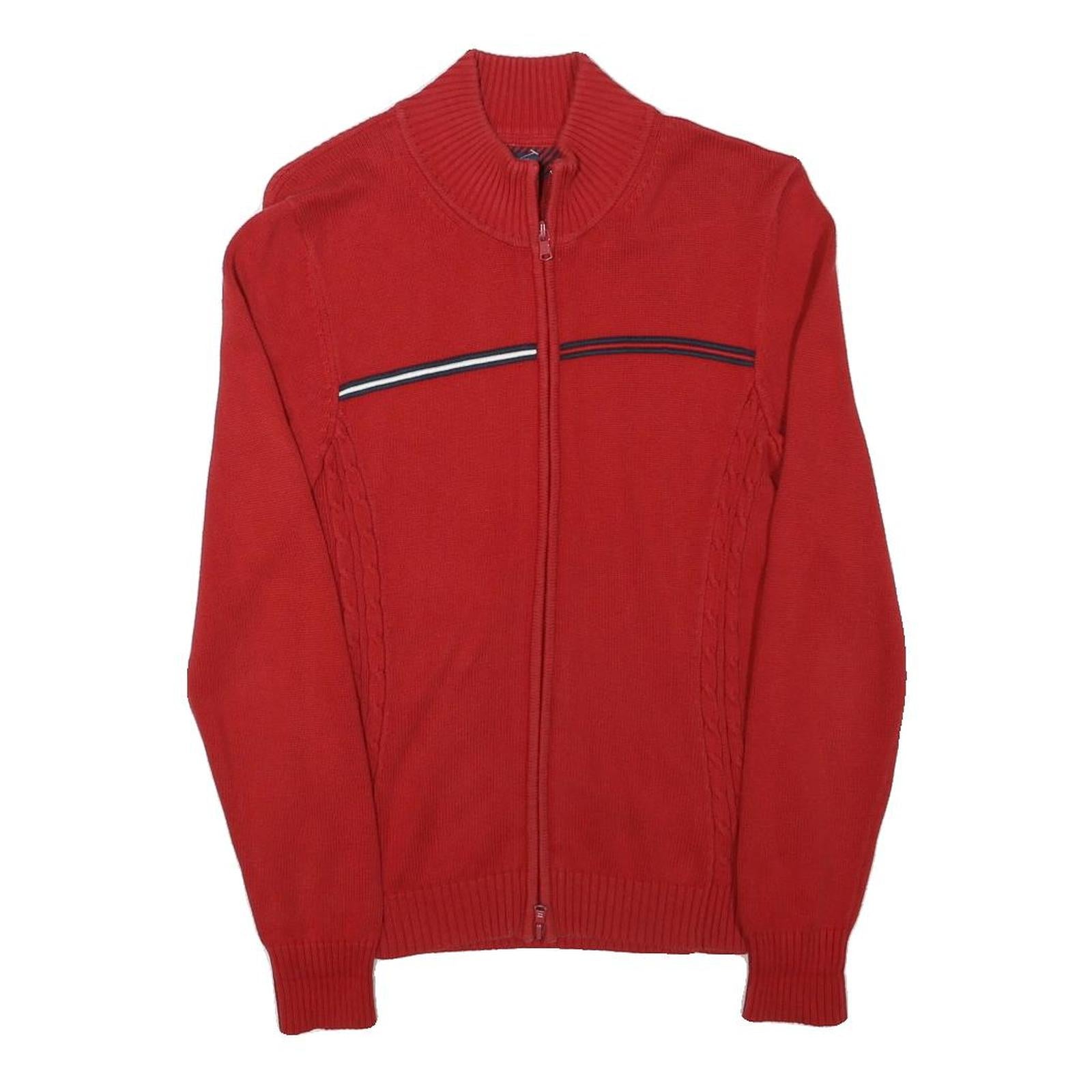 TOMMY HILFIGER Womens Red Zip Up Patterned Crew Neck Basic Knit M Cotton Blend