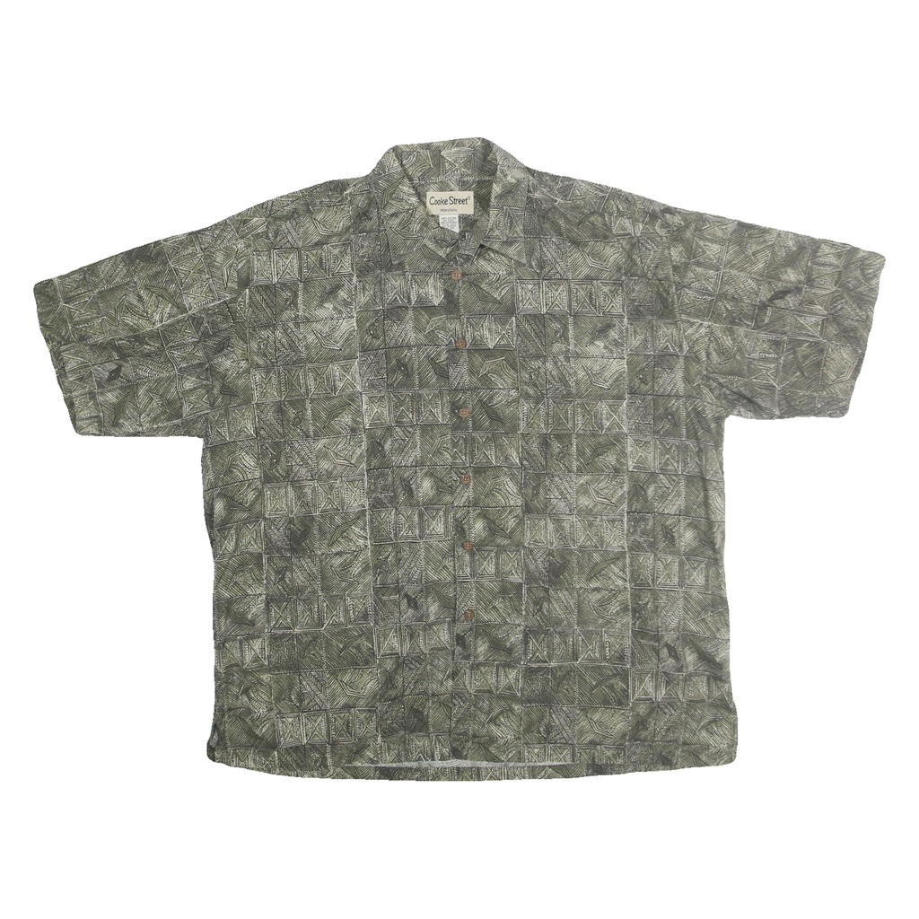 COOKE STREET Mens Green Cotton Casual Shirt XL Printed Relaxed Fit Hawaiian