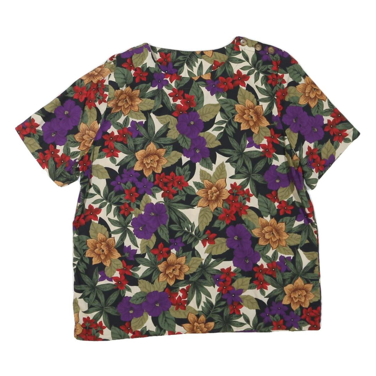 Womens Cream Red Purple Floral Print Cotton Blend Short Sleeve Top L Button