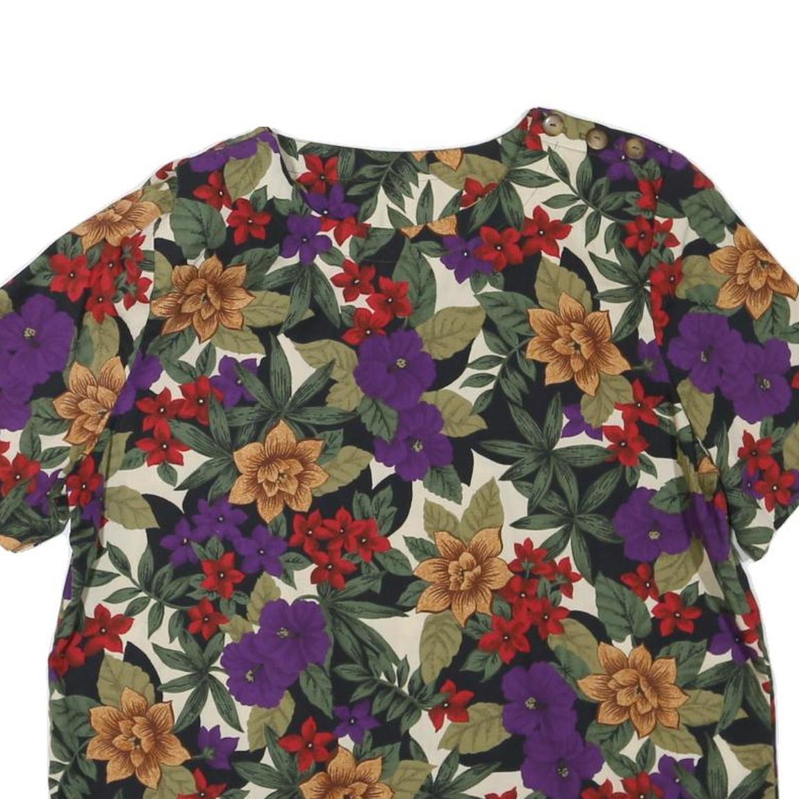Womens Cream Red Purple Floral Print Cotton Blend Short Sleeve Top L Button