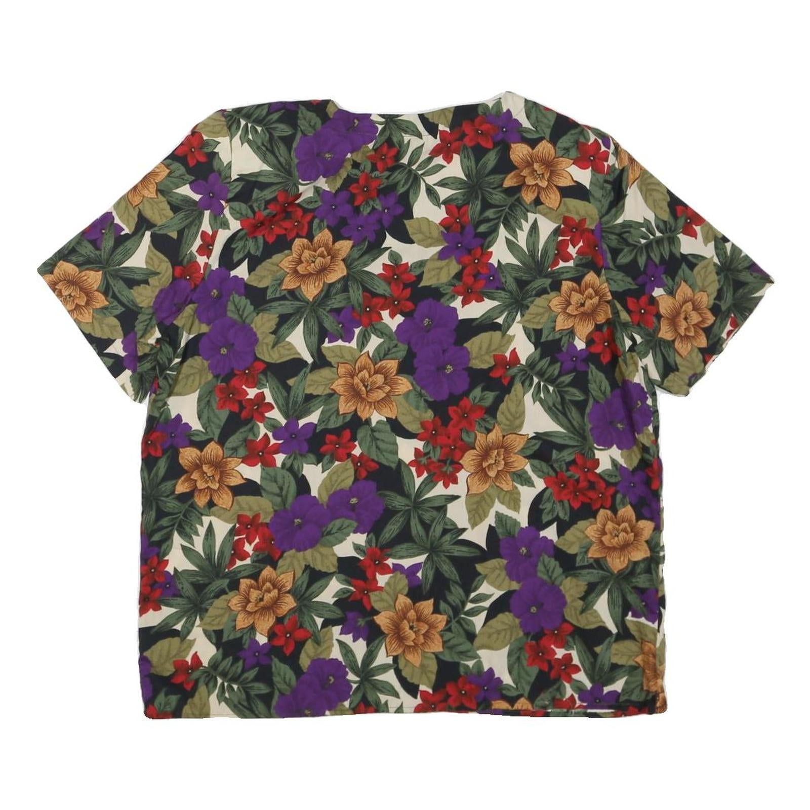 Womens Cream Red Purple Floral Print Cotton Blend Short Sleeve Top L Button