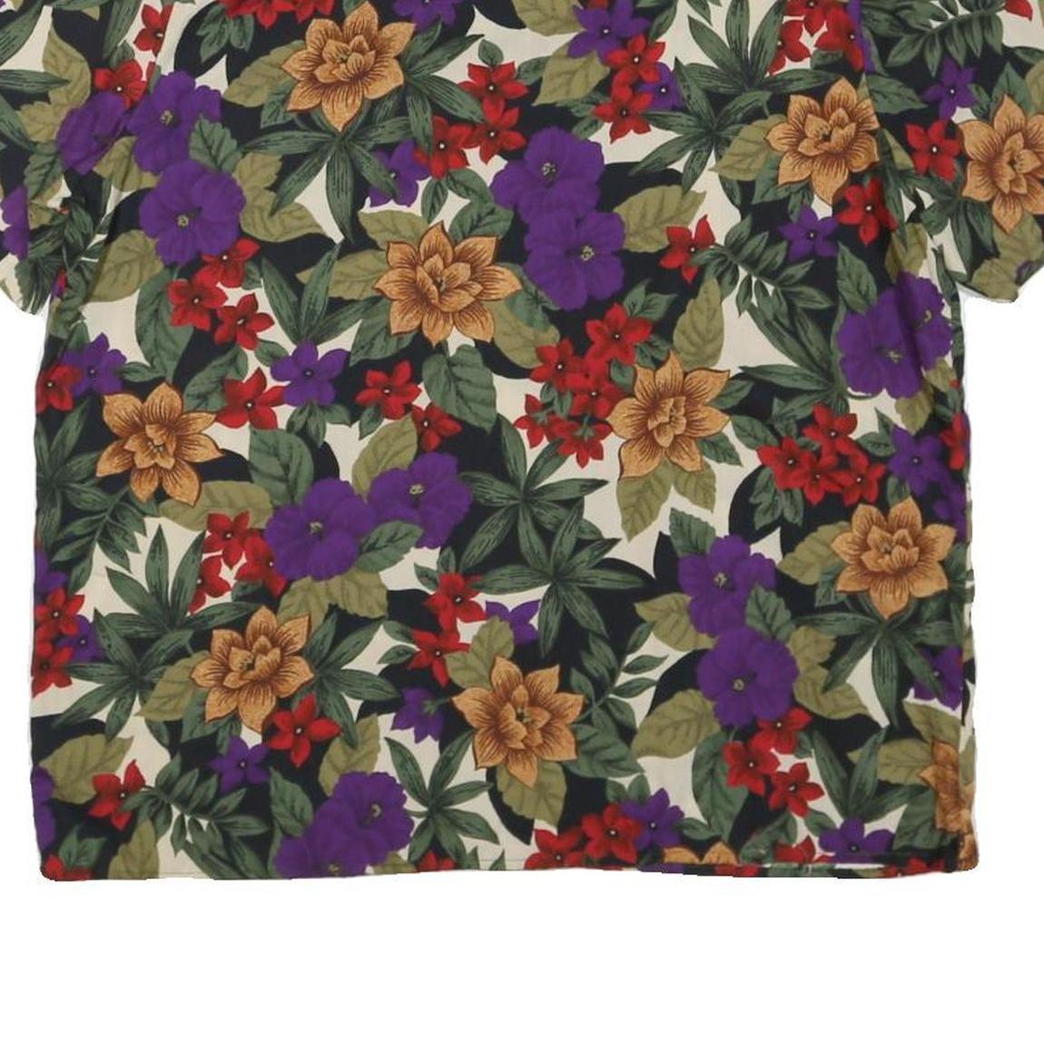 Womens Cream Red Purple Floral Print Cotton Blend Short Sleeve Top L Button