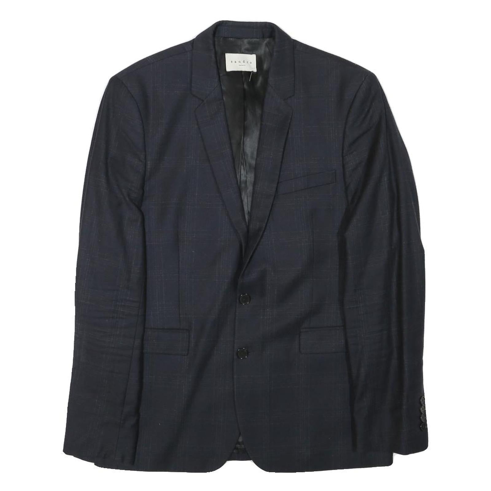 SANDRO Mens Navy Blue Wool Blend Button Jacket S Check Pattern