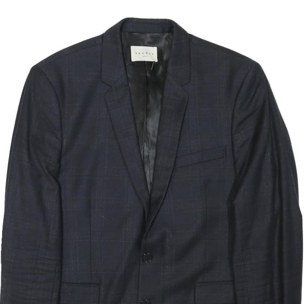 SANDRO Mens Navy Blue Wool Blend Button Jacket S Check Pattern