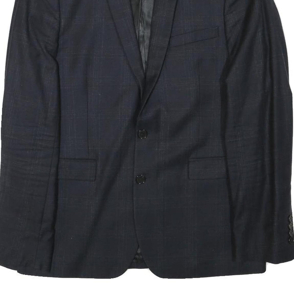 SANDRO Mens Navy Blue Wool Blend Button Jacket S Check Pattern
