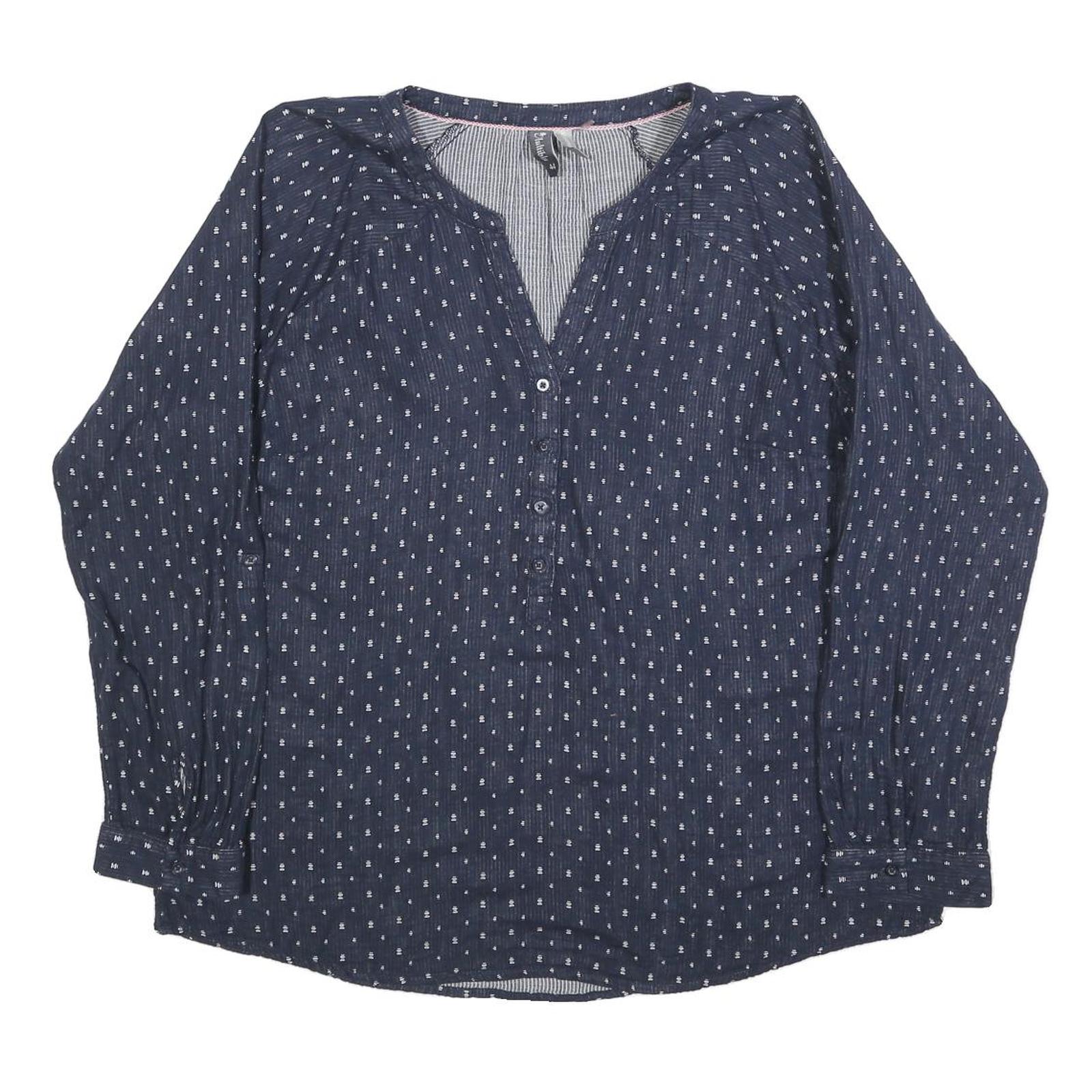MULTIBLU Womens Blue Printed Long Sleeve V-Neck Cotton Blend Top L Casual