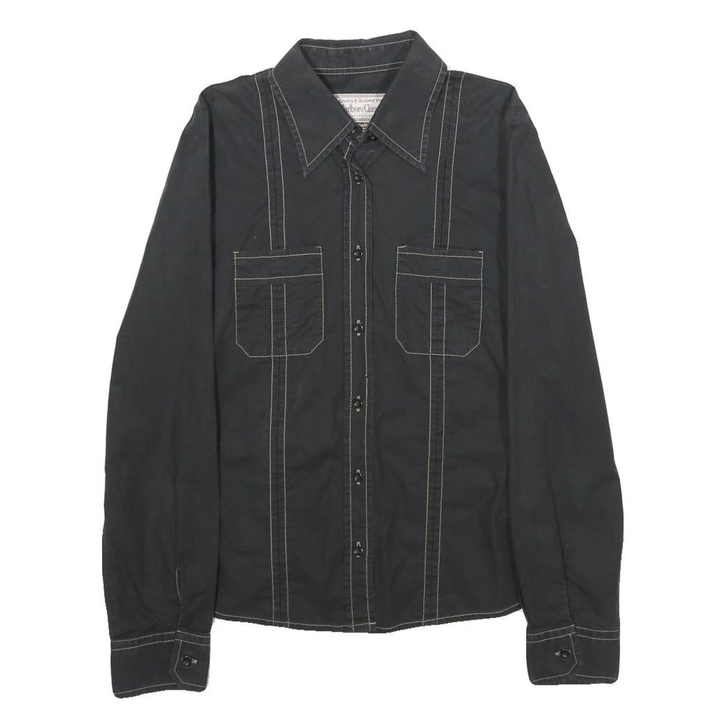 MARLBORO Womens Black Plain Shirt S Cotton Blend Button Closure Long Sleeve