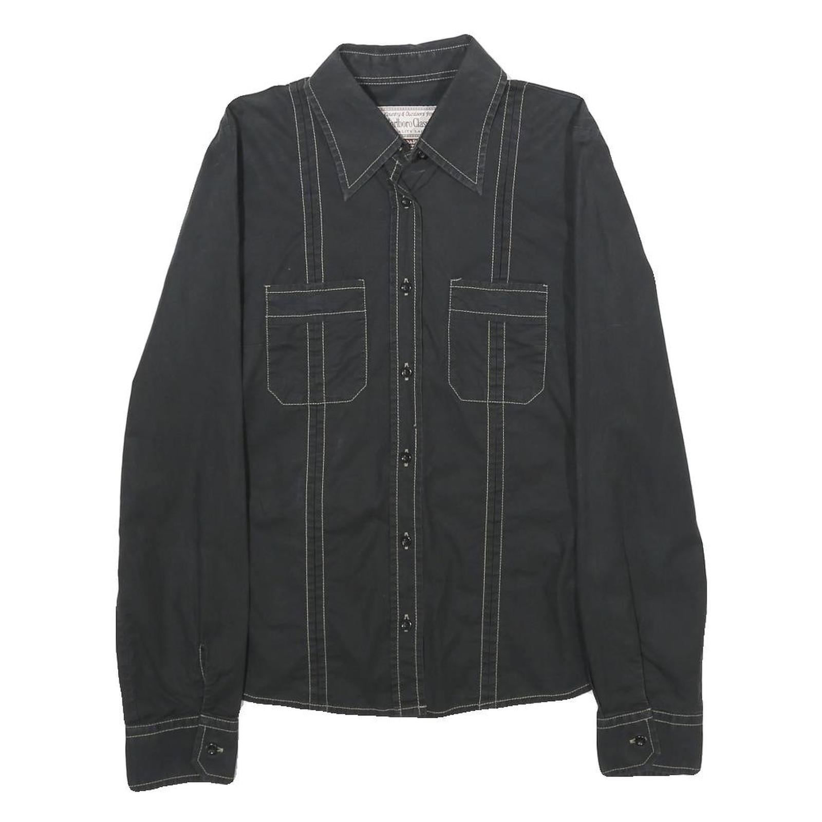 MARLBORO Womens Black Plain Shirt S Cotton Blend Button Closure Long Sleeve