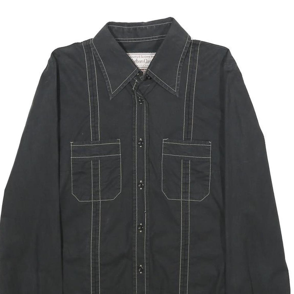 MARLBORO Womens Black Plain Shirt S Cotton Blend Button Closure Long Sleeve