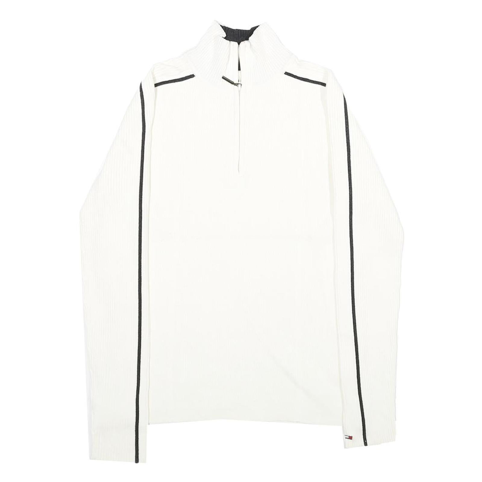 TOMMY HILFIGER Womens White & Black Plain Pullover Jumper 1/4 Zip Rib Knit M