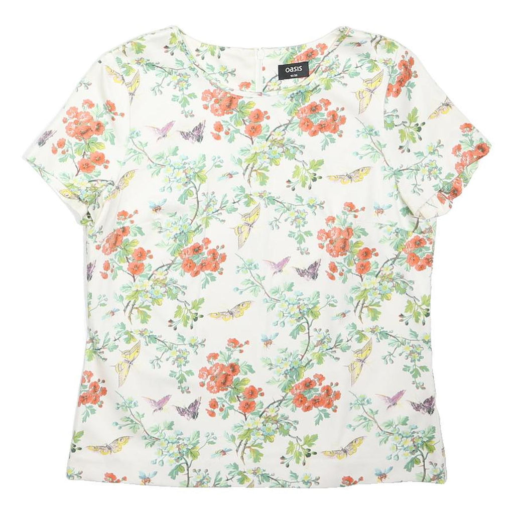 OASIS Womens White Floral Print Cotton Blend Short Sleeve Round Neck Top UK 10