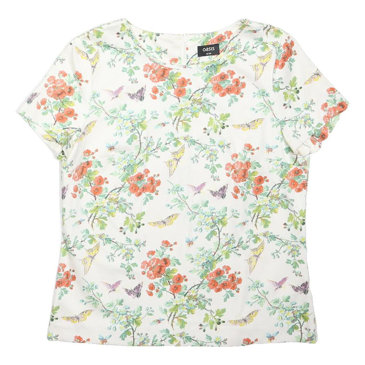 OASIS Womens White Floral Print Cotton Blend Short Sleeve Round Neck Top UK 10