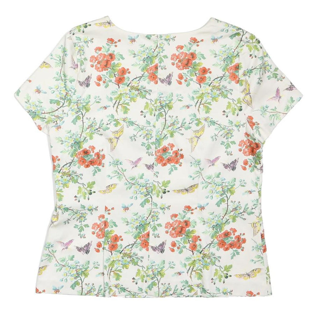 OASIS Womens White Floral Print Cotton Blend Short Sleeve Round Neck Top UK 10