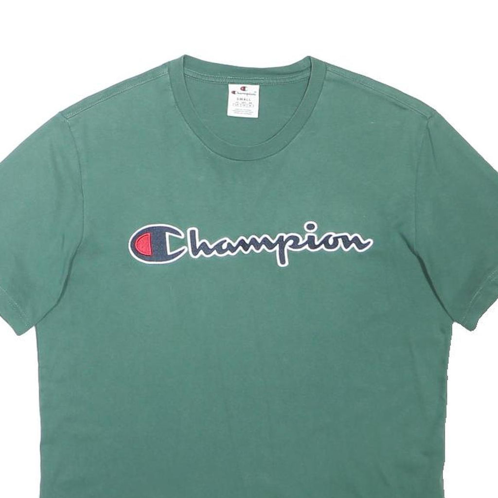 CHAMPION Mens Green T-Shirt S Short Sleeve Crew Neck Cotton Blend Casual Logo