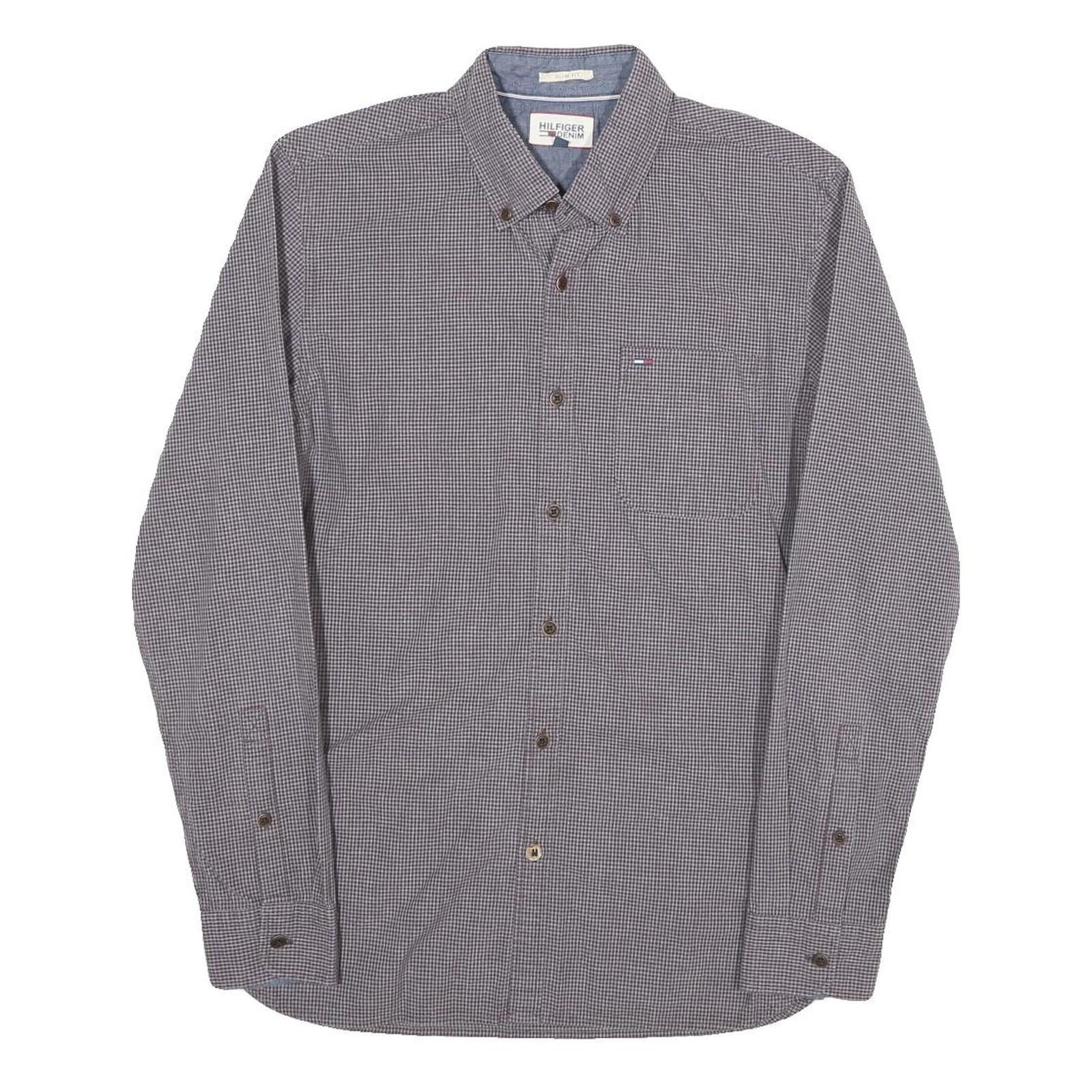 TOMMY HILFIGER Mens Grey Check Shirt S Hilfiger Denim Button Down Collar