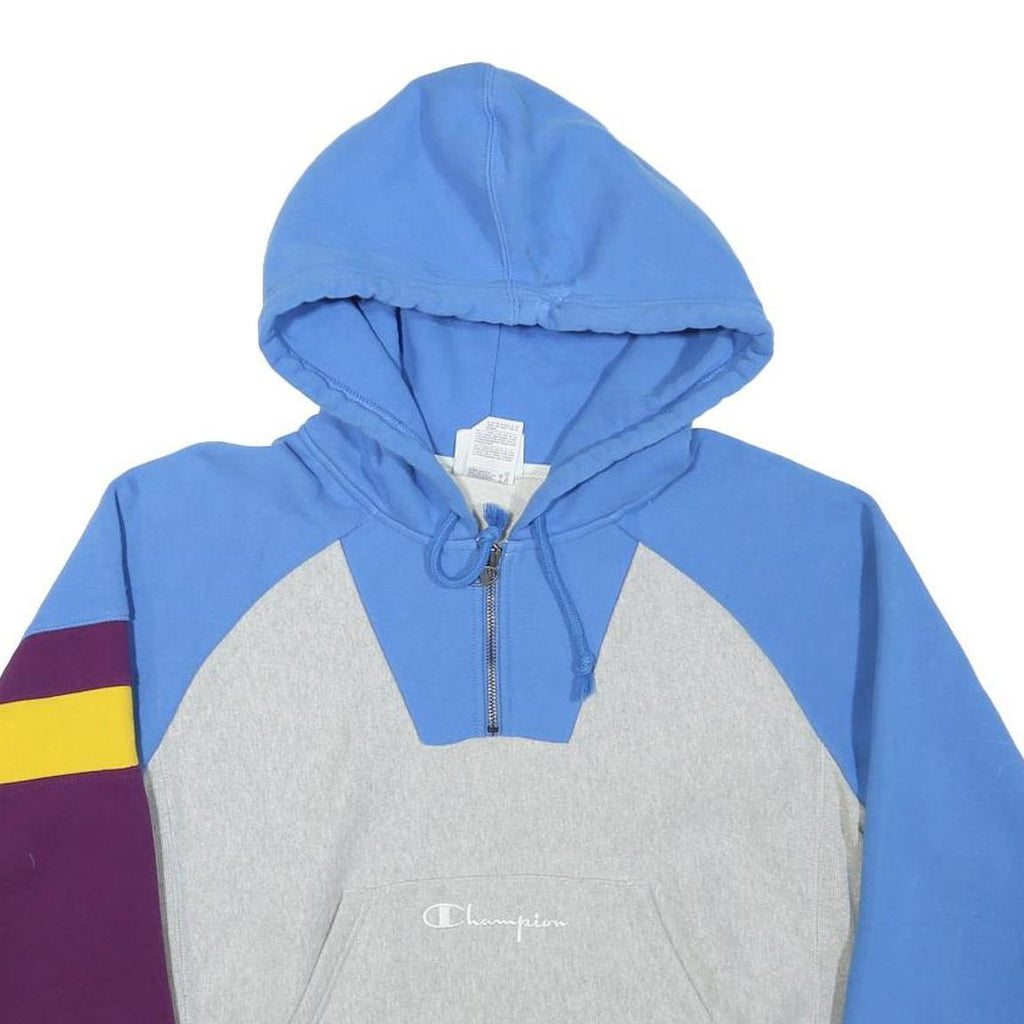 CHAMPION Womens Blue & Grey Colourblock ¼ Zip M Hooded Sweatshirt