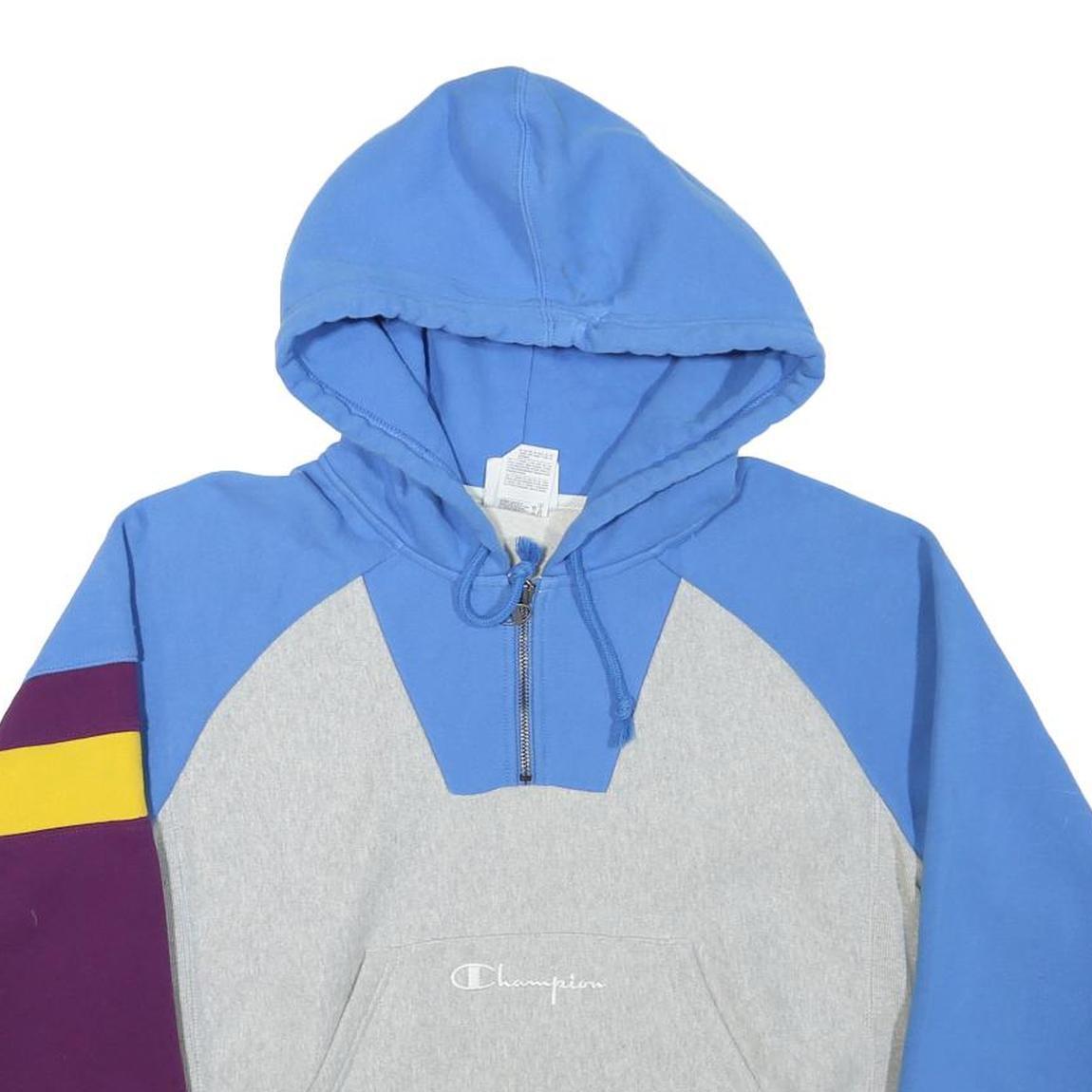 CHAMPION Womens Blue & Grey Colourblock ¼ Zip M Hooded Sweatshirt
