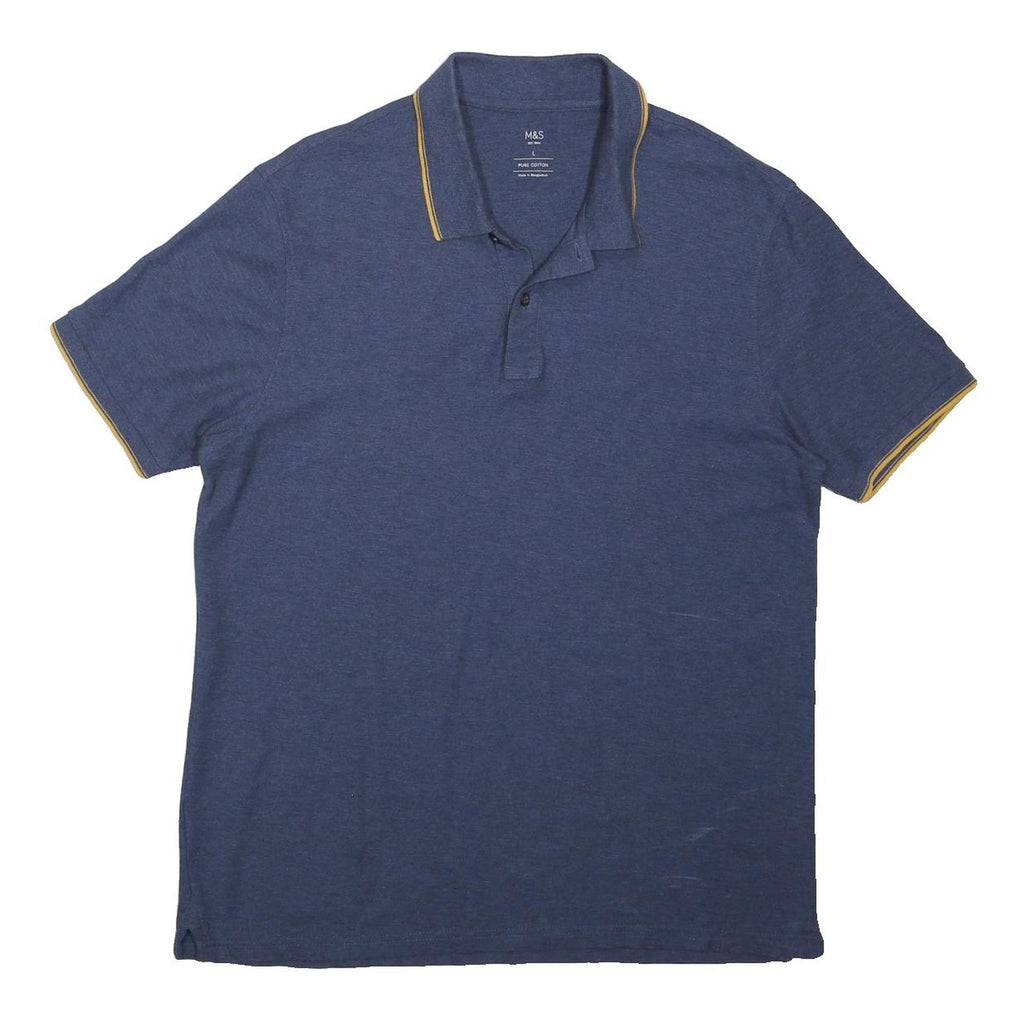 M&S Mens Blue Polo Shirt L Cotton Blend Short Sleeve Plain Casual