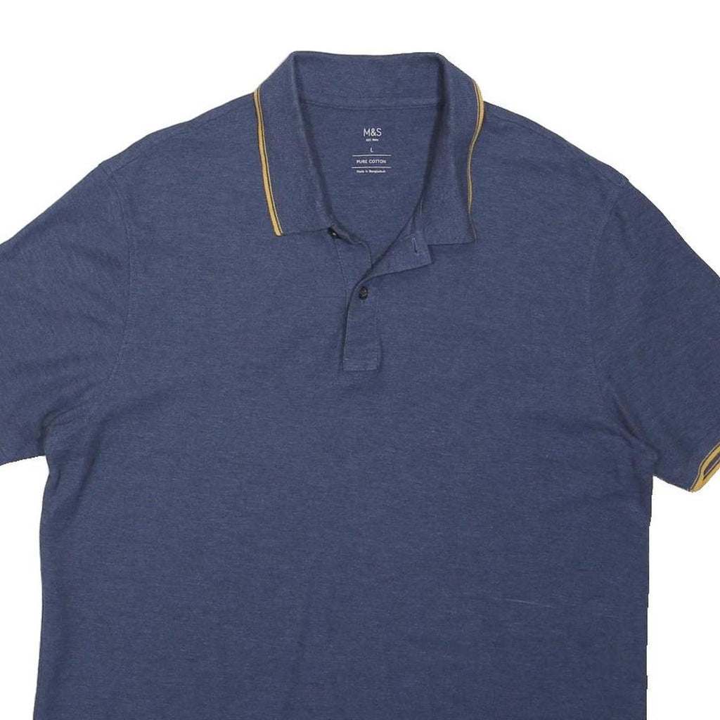 M&S Mens Blue Polo Shirt L Cotton Blend Short Sleeve Plain Casual