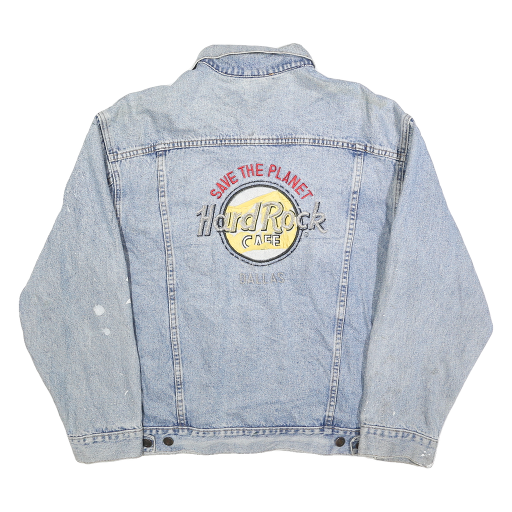 HARD ROCK CAFE Mens Blue Denim Button Cotton Jacket L Embroidered Save The