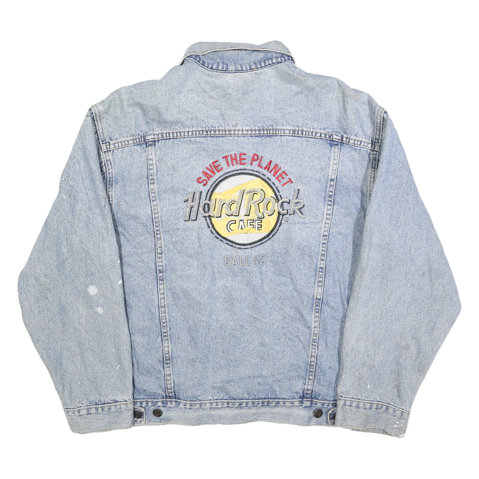 HARD ROCK CAFE Mens Blue Denim Button Cotton Jacket L Embroidered Save The