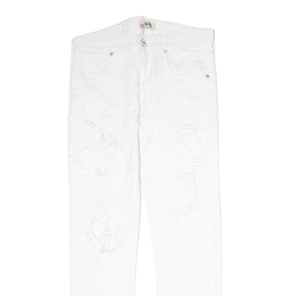 NXS Womens Slim White Denim Jeans W30 L28 Distressed Cotton Blend Zip