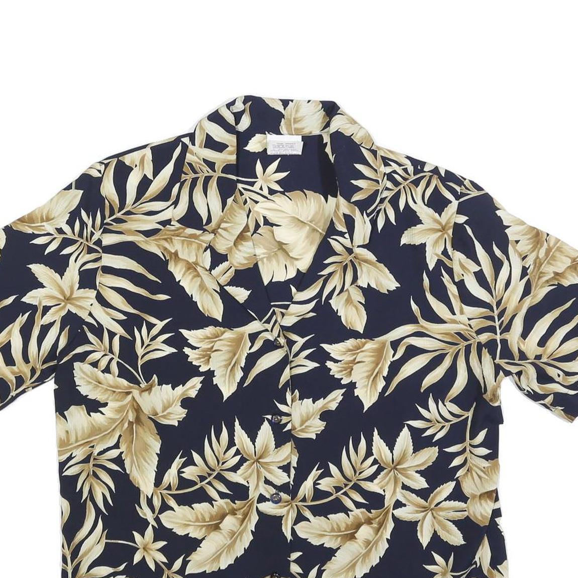 KORET Womens Navy Blue Beige Floral Shirt Short Sleeve Collared M Hawaiian