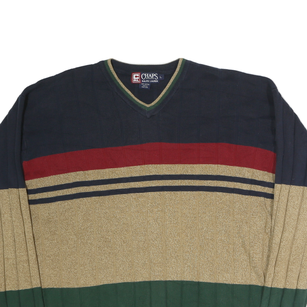 CHAPS RALPH LAUREN Mens Navy & Beige Striped Pattern V-Neck Cotton Jumper L
