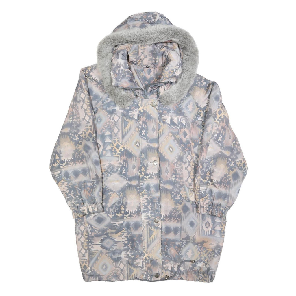 Womens Blue Jacket M Polyester Blend Printed Faux Fur Hood Zip Coat Winter
