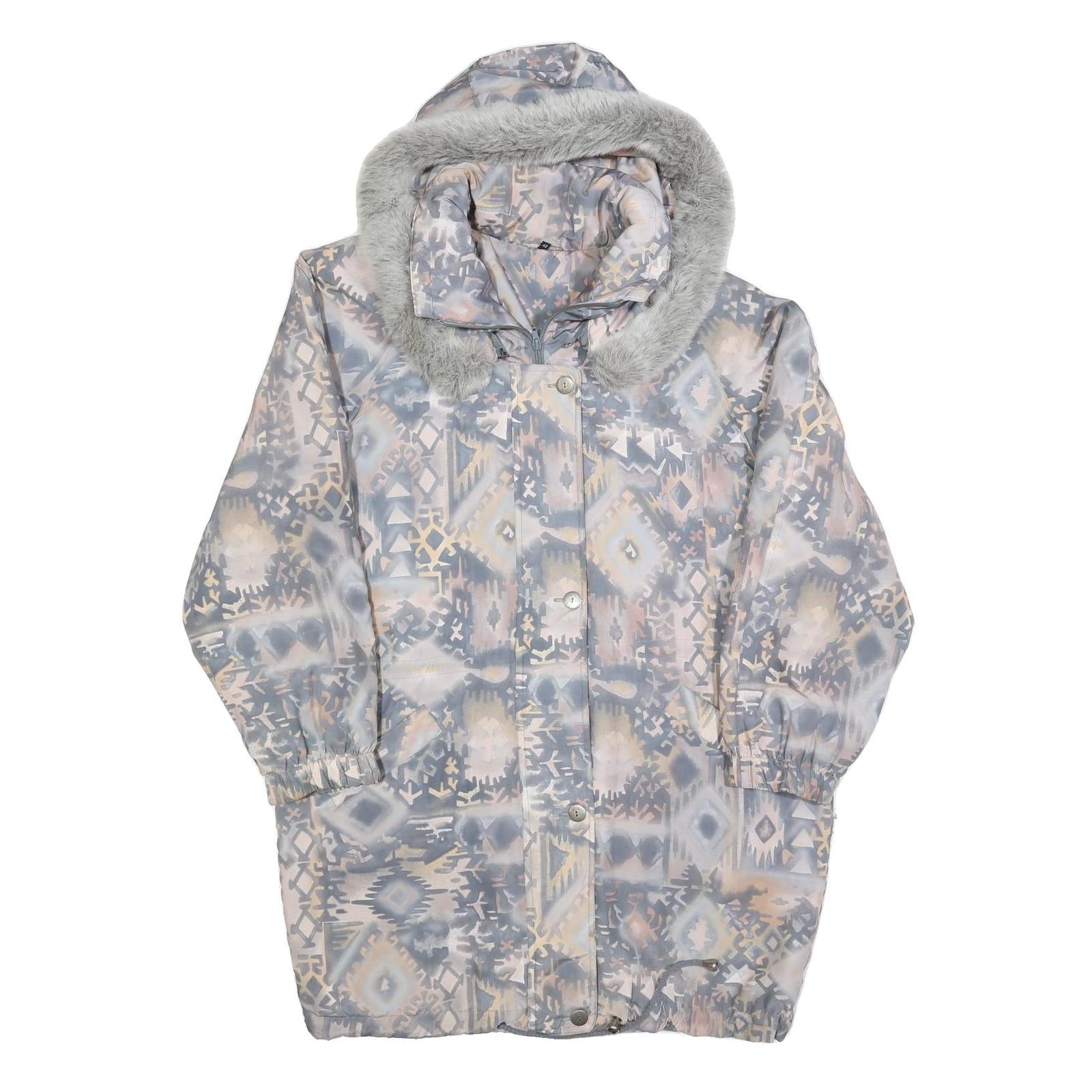Womens Blue Jacket M Polyester Blend Printed Faux Fur Hood Zip Coat Winter