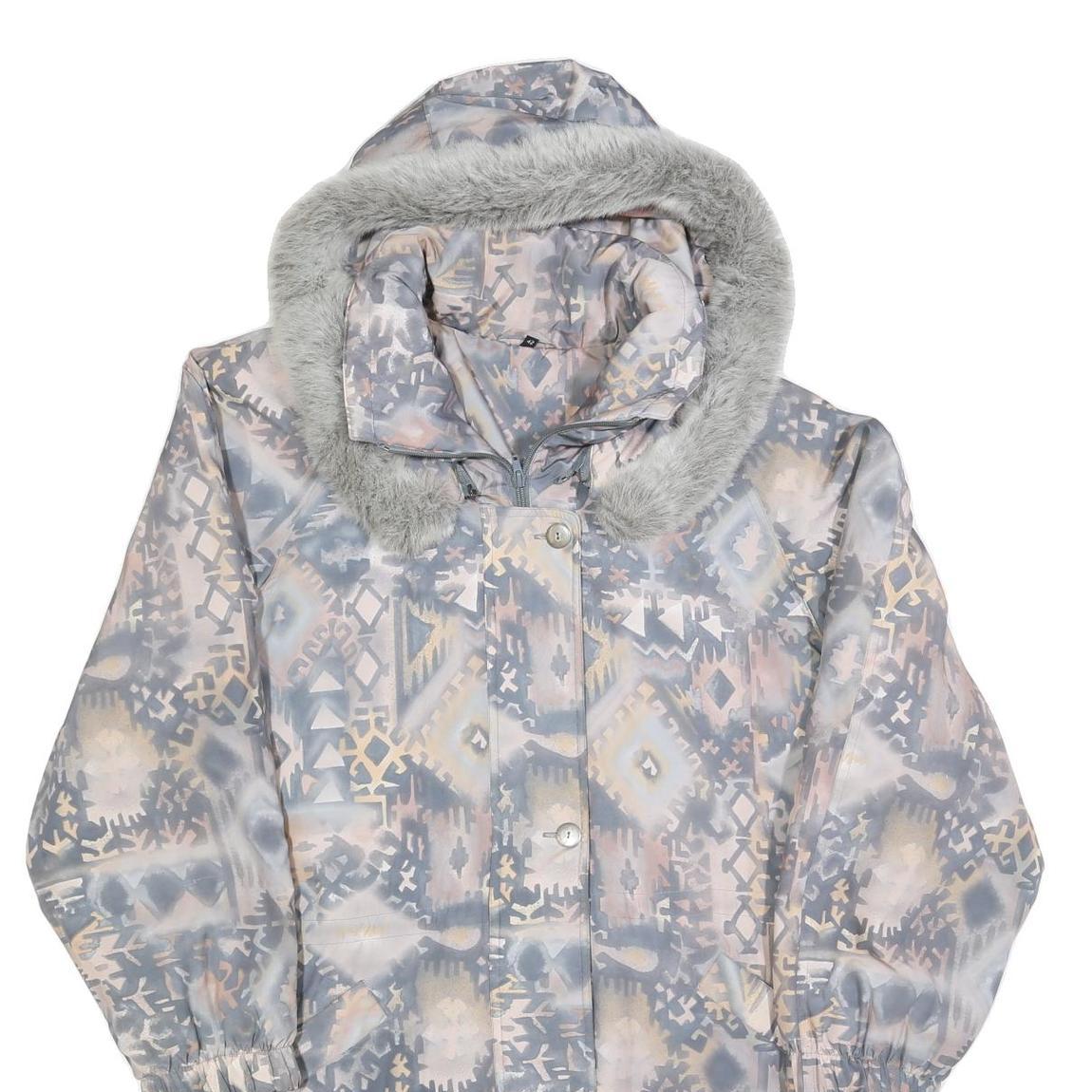 Womens Blue Jacket M Polyester Blend Printed Faux Fur Hood Zip Coat Winter