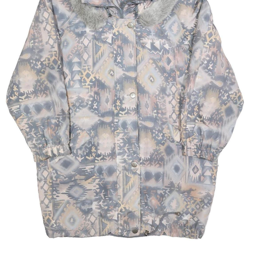 Womens Blue Jacket M Polyester Blend Printed Faux Fur Hood Zip Coat Winter