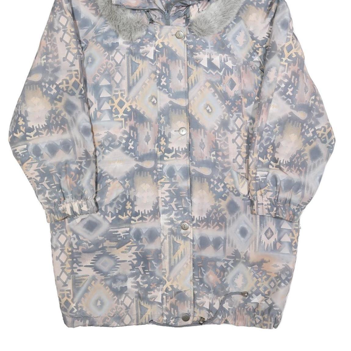Womens Blue Jacket M Polyester Blend Printed Faux Fur Hood Zip Coat Winter