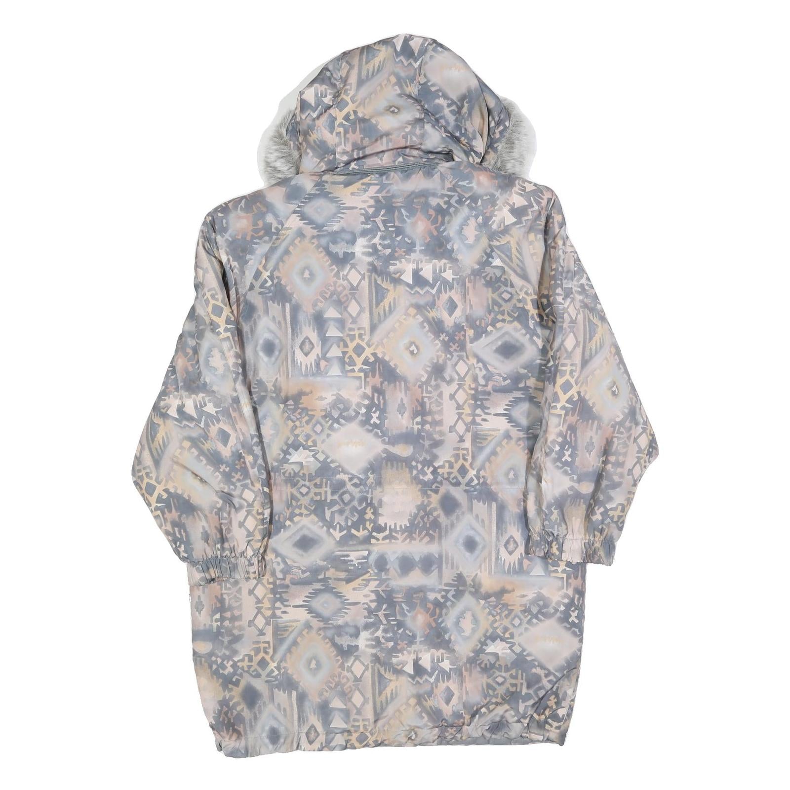 Womens Blue Jacket M Polyester Blend Printed Faux Fur Hood Zip Coat Winter