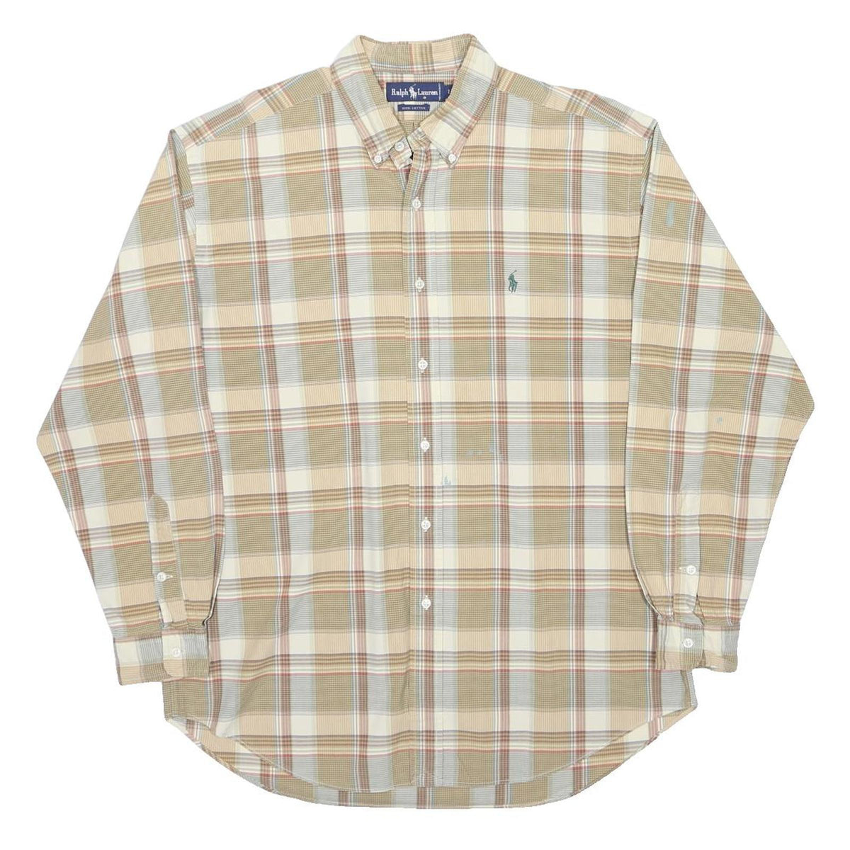 RALPH LAUREN Mens Beige Checked Shirt L Cotton Long Sleeve Button Down
