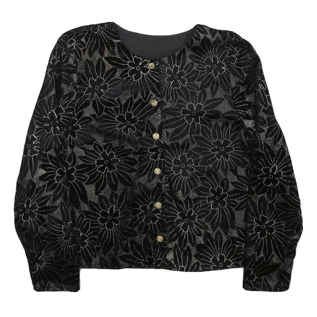Womens Black Floral Pattern Button Jacket XS Polyester Blend Stylish Lightweight