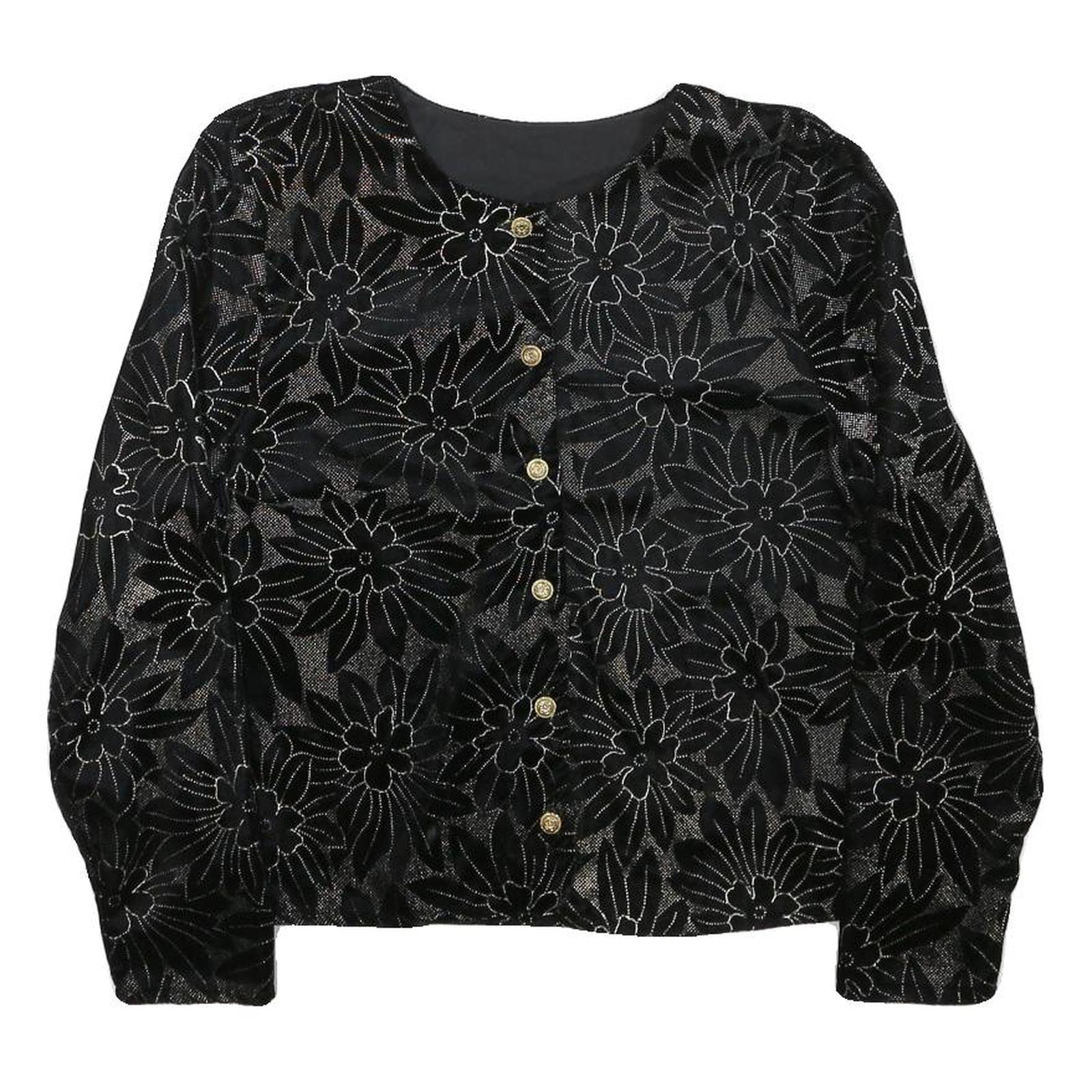 Womens Black Floral Pattern Button Jacket XS Polyester Blend Stylish Lightweight