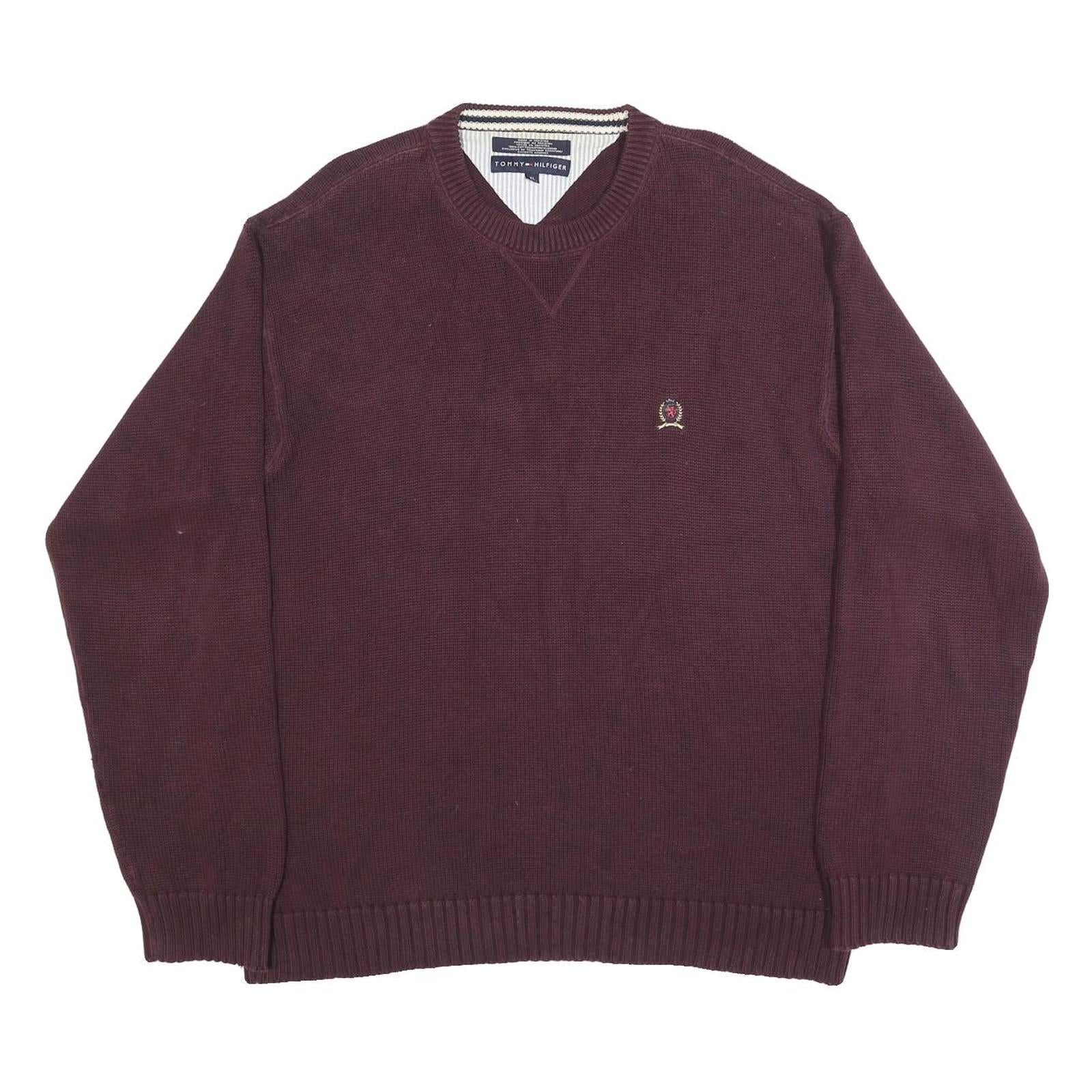 TOMMY HILFIGER Mens Maroon Classic Jumper Crew Neck Basic Knit XL Cotton Casual