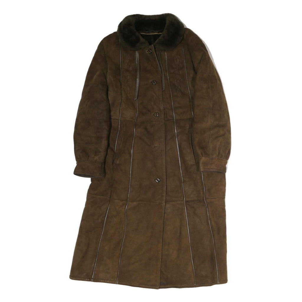 Womens Brown Faux Fur Collar Button Jacket L Polyester Plain Long Sleeve
