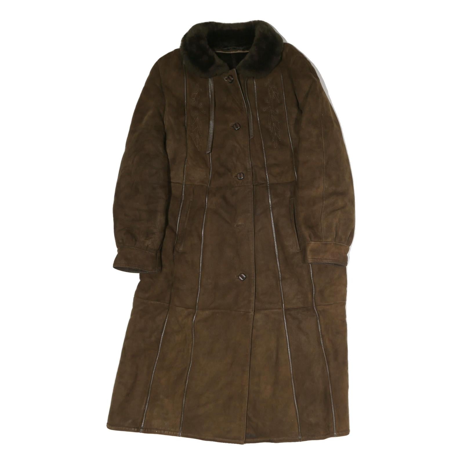 Womens Brown Faux Fur Collar Button Jacket L Polyester Plain Long Sleeve