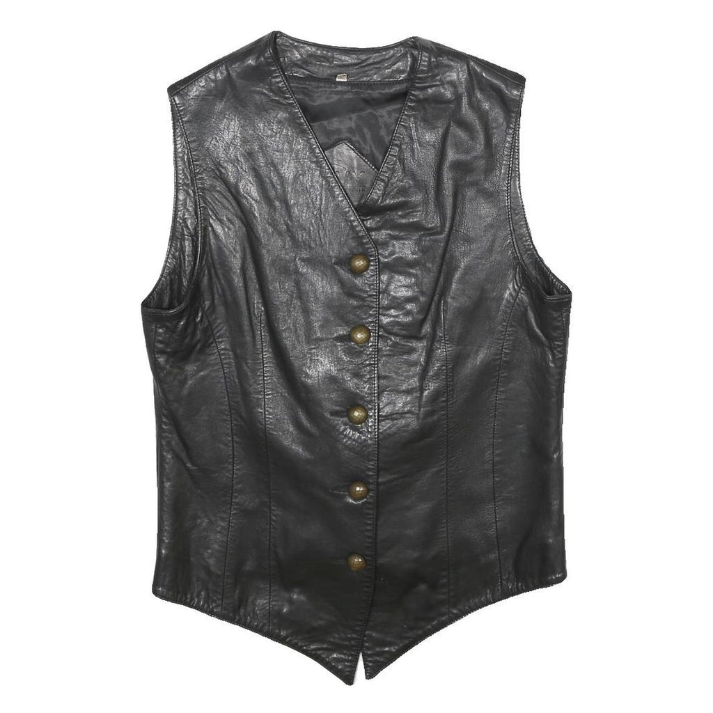 KELLY CONNECTION Womens Black Leather Button Jacket UK 12 Classic Sleeveless