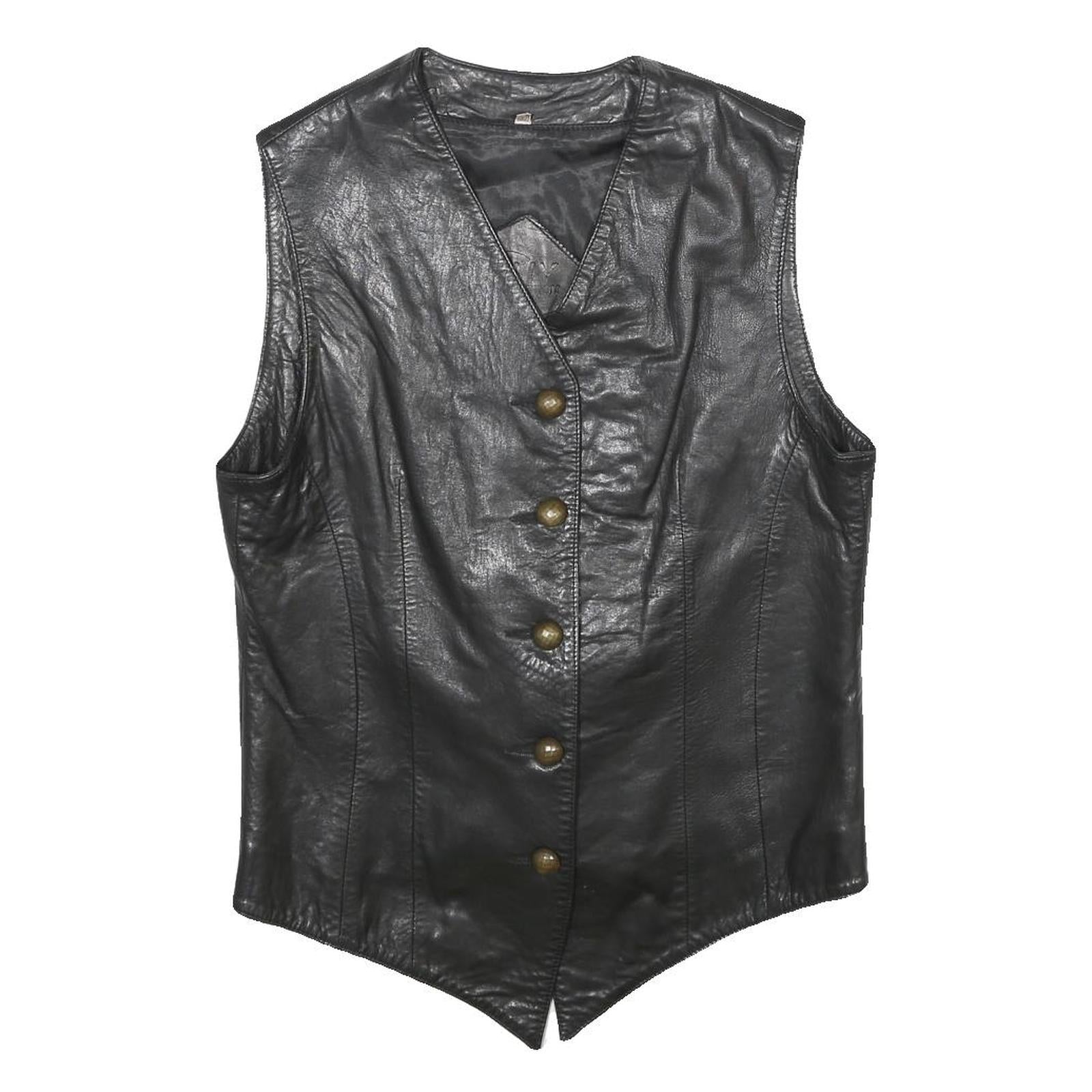 KELLY CONNECTION Womens Black Leather Button Jacket UK 12 Classic Sleeveless