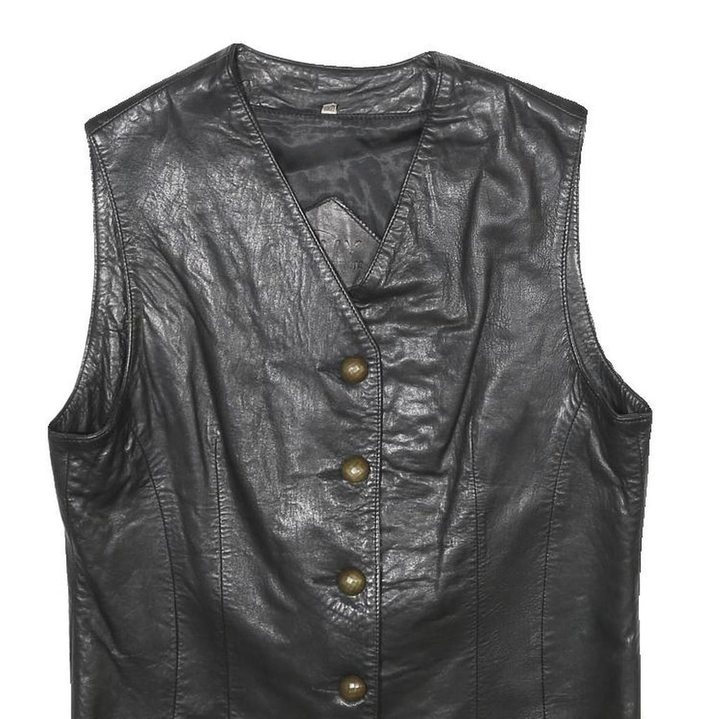 KELLY CONNECTION Womens Black Leather Button Jacket UK 12 Classic Sleeveless